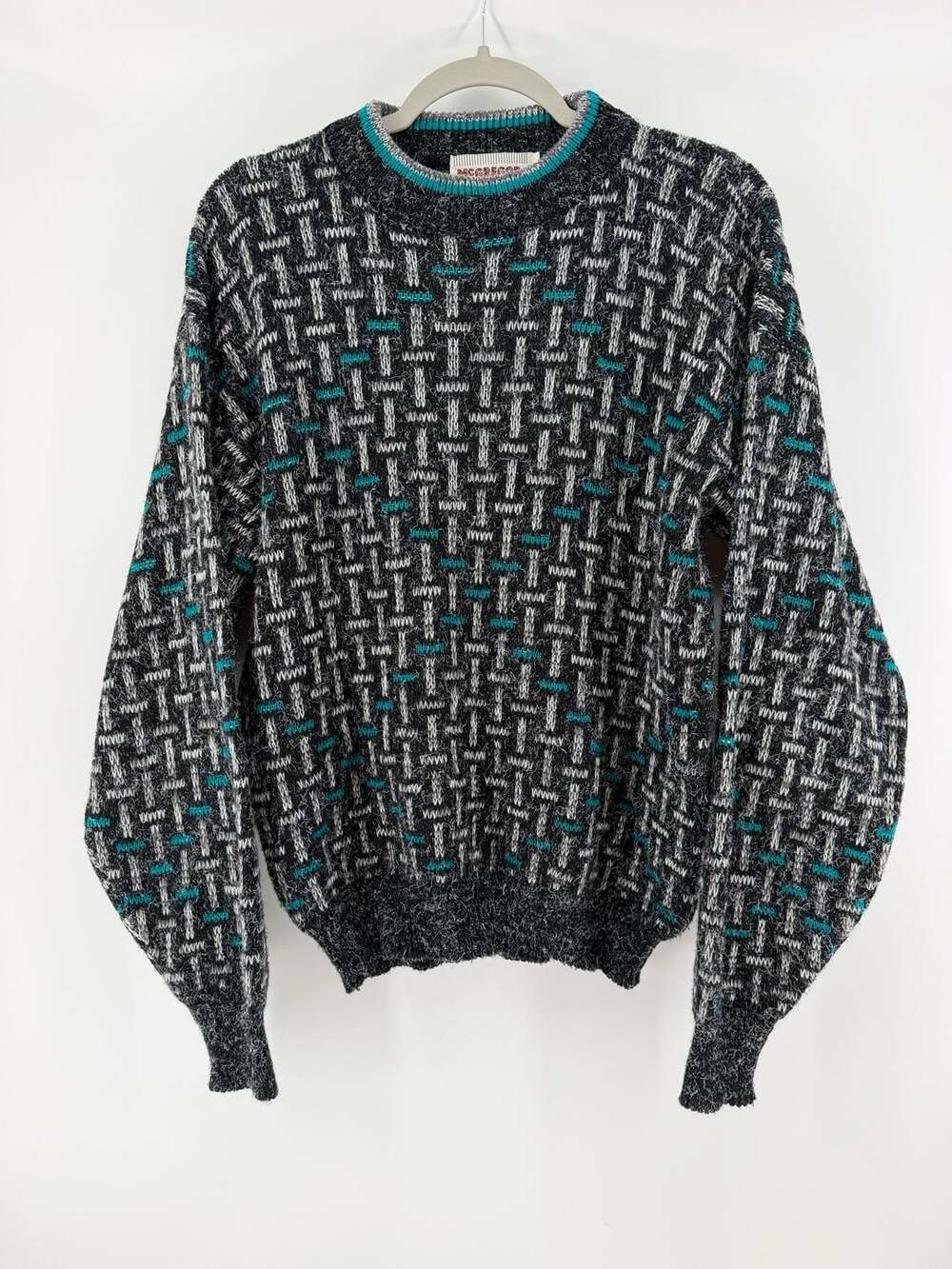 McGregor Vintage 80s Men’s M Geometric Textured Knit Sweater Teal Black